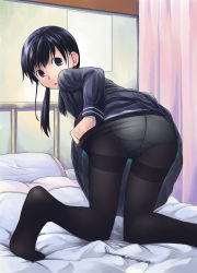 Rule 34 | 1girl, all fours, ass, bad feet, bed, black eyes, black hair, black pantyhose, black serafuku, blush, clothes lift, clothes pull, crotch seam, curtains, frown, gusset, hidari kagetora, highres, hospital bed, kneeling, long hair, looking at viewer, looking back, low twintails, medical, mirror, open mouth, original, panties, panties under pantyhose, pantyhose, pantyhose pull, pillow, school uniform, serafuku, skirt, skirt lift, solo, striped clothes, striped panties, thighband pantyhose, twintails, underwear, upskirt, vertical-striped clothes, vertical-striped panties, white panties