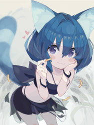 Rule 34 | 1girl, animal ear fluff, animal ears, bandeau, bare arms, bare shoulders, black bandeau, black skirt, blue hair, blush stickers, closed mouth, collarbone, food, hair between eyes, hand on own face, hands up, heart, holding, leaning forward, midriff, navel, noodles, original, pappii (paprika shikiso), paprika shikiso, pleated skirt, purple eyes, see-through, skirt, smile, solo, strapless, striped tail, tail, wheat field