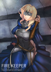 Rule 34 | 1girl, arm support, blonde hair, breasts, character name, copyright name, corset, dark souls (series), dark souls iii, fire keeper, long hair, mask, medium breasts, mouth mask, negister, patreon username, sitting, smile, solo, stairs, tight clothes, watermark, web address, yokozuwari