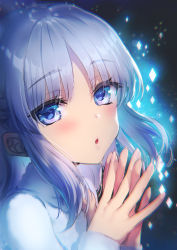 Rule 34 | 1girl, :o, blue eyes, blue hair, blush, braid, chunithm, commentary request, hands up, highres, hisasi, interlocked fingers, kobotoke nagi, long hair, long sleeves, looking at viewer, own hands together, parted bangs, parted lips, shirt, sleeves past wrists, solo, upper body, white shirt