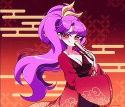 Rule 34 | 1girl, breasts, cleavage, closed mouth, commentary, egasumi, english commentary, gradient background, hair ribbon, highres, komakusa sannyo, large breasts, littlecloudie, long hair, looking at viewer, medium breasts, ponytail, purple hair, red eyes, red robe, ribbon, robe, smile, solo, touhou, yellow ribbon