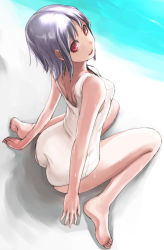 Rule 34 | 1girl, ass, back, bad id, bad pixiv id, bare shoulders, barefoot, beach, black hair, day, face, feet, legs, looking back, looking up, one-piece swimsuit, original, purple hair, red eyes, school swimsuit, short hair, sitting, solo, swimsuit, tea (nakenashi), wariza, wet, white school swimsuit, white one-piece swimsuit