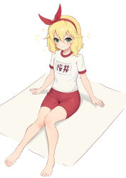 Rule 34 | 1girl, absurdres, barefoot, blonde hair, carpet, closed mouth, commentary, green eyes, highres, idolmaster, idolmaster cinderella girls, idolmaster cinderella girls u149, knees together feet apart, looking at viewer, name tag, red headwear, red shorts, sakurai momoka, sdhjjjd, shirt, short hair, short sleeves, shorts, simple background, sitting, smile, solo, white background, white shirt