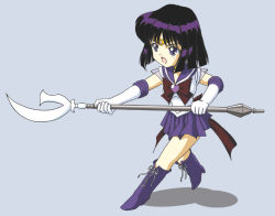 Rule 34 | 1girl, :o, bishoujo senshi sailor moon, black hair, blue background, boots, bow, brooch, brown bow, chibi, cross-laced footwear, elbow gloves, full body, gloves, heart, heart brooch, hino ryutaro, holding, holding polearm, holding spear, holding weapon, jewelry, knee boots, lace-up boots, looking away, magical girl, open mouth, pleated skirt, polearm, purple eyes, purple footwear, purple skirt, sailor collar, sailor saturn, short hair, silence glaive, simple background, skirt, solo, spear, super sailor saturn, tiara, tomoe hotaru, weapon, white gloves