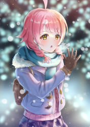 Rule 34 | 1girl, absurdres, ahoge, bag, blue scarf, blurry, blurry background, blush, braid, breath, brown gloves, earrings, fur-trimmed jacket, fur trim, gloves, highres, jacket, jewelry, long hair, long sleeves, looking at viewer, love live!, love live! nijigasaki high school idol club, love live! school idol festival all stars, oekakiren 0403, open clothes, open jacket, open mouth, outdoors, pink hair, pleated skirt, purple jacket, purple skirt, scarf, skirt, snowing, solo, steepled fingers, tennoji rina, twin braids, upper body, yellow eyes