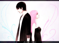Rule 34 | 1boy, 1girl, back-to-back, bare shoulders, black dress, couple, dress, height difference, hetero, just be friends (vocaloid), letterboxed, long hair, megurine luka, pink hair, strapless, strapless dress, vocaloid, yoshi (j contrast), yoshi (pixiv88317)