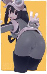 Rule 34 | 1girl, absurdres, aioi u, ass, asui tsuyu, belt, bent over, black eyes, black hair, black thighhighs, blush stickers, bodysuit, boku no hero academia, boots, breasts, cameltoe, cropped legs, eyebrows hidden by hair, from behind, goggles, goggles on head, head tilt, highres, limited palette, long hair, looking at viewer, matching hair/eyes, open mouth, outside border, teeth, thigh boots, thighhighs, tongue, tongue out, two-tone background, v, white background, yellow background
