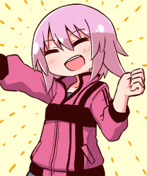 Rule 34 | 1girl, :d, alice gear aegis, blush, brown background, closed eyes, facing viewer, hair between eyes, highres, hirasaka yotsuyu, jacket, long sleeves, naga u, open mouth, outstretched arm, pink hair, pink jacket, puffy long sleeves, puffy sleeves, round teeth, simple background, smile, solo, teeth, upper body, upper teeth only