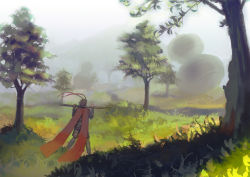 Rule 34 | 1boy, armor, facing away, from behind, grass, journey to the west, male focus, outdoors, red cape, scenery, shiroi cha, solo, staff, standing, sun wukong, tree