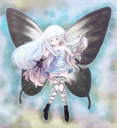 Rule 34 | 1girl, aerie (bravely default), bare shoulders, black gloves, blue eyes, bravely default: flying fairy, bravely default (series), burakkori, butterfly wings, dress, fairy, fairy wings, full body, gloves, highres, insect wings, long hair, outstretched hand, pointy ears, short dress, smile, solo, strapless, strapless dress, thigh gap, thigh strap, very long hair, white dress, white hair, wings