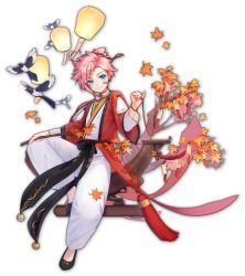 Rule 34 | 1boy, aqua eyes, artist request, bandage on face, bandages, bandaid, bandaid on face, bird, bird request, game cg, highres, holding, holding string, japanese clothes, jewelry, lantern, leaf, mahjong soul, male focus, maple leaf, necklace, official art, paper lantern, pink hair, qi xi, simple background, sitting, smile, solo, string, transparent background, tree, yostar