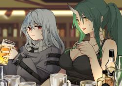 Rule 34 | 2girls, :3, arknights, bad id, bad pixiv id, bare arms, bare shoulders, beer mug, blurry, blurry background, breasts, camisole, cleavage, commentary request, cup, dress, green hair, grey dress, grey hair, hair between eyes, hand up, highres, holding, holding cup, horns, hoshiguma (arknights), indoors, long hair, long sleeves, looking at viewer, mug, multiple girls, no headwear, red eyes, single horn, spaghetti strap, specter (arknights), upper body, yellow eyes, yoshiga