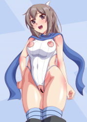 Rule 34 | 1girl, armpit crease, bare arms, bare shoulders, blue background, blue scarf, blue thighhighs, blush, boots, breasts, brown eyes, brown hair, censored, covered navel, crotch cutout, crotchless, embarrassed, feet out of frame, from below, groin, hair ribbon, hand on own hip, highleg, highleg leotard, itai no wa iya nano de bougyoryoku ni kyokufuri shitai to omoimasu, leotard, long hair, looking at viewer, medium breasts, nipple cutout, nipples, no gloves, no jacket, no pants, open mouth, ponytail, puffy nipples, pussy, pussy juice, ribbed leotard, ribbon, sally (bofuri), scarf, shiny skin, sidelocks, smile, solo, teeth, tenrai (temple), thighhighs, thighhighs under boots, thighs, white leotard