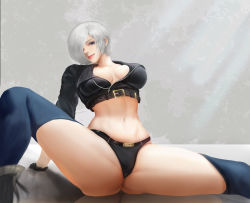 Rule 34 | 1girl, a494800, absurdres, angel (kof), arm support, black jacket, blue eyes, breasts, chaps, closed mouth, commentary request, cropped jacket, hair over one eye, highres, jacket, large breasts, lips, looking at viewer, midriff, navel, panties, simple background, sleeves rolled up, solo, spread legs, stomach, the king of fighters, underwear, white hair