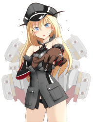 Rule 34 | 10s, 1girl, bare shoulders, bismarck (kancolle), blonde hair, blue eyes, blush, breasts, detached sleeves, gloves, hat, highres, jewelry, kantai collection, long hair, looking at viewer, military, military uniform, open mouth, outstretched arm, peaked cap, ring, sasaki akira (ugc), solo, uniform