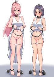 Rule 34 | 2girls, absurdres, blush, censored, collar, dress, female focus, full body, highres, lifting own clothes, long hair, looking at viewer, multiple girls, pink hair, pointless censoring, pubic tattoo, pussy, rinwell (tales), shionne (tales), short hair, simple background, slave, standing, tales of (series), tales of arise, tattoo, white dress