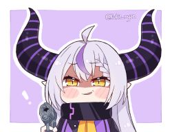 Rule 34 | 1girl, ahoge, aiming, aiming at viewer, black coat, blush, blush stickers, braid, chibi, coat, collar, commentary, demon girl, demon horns, english commentary, female focus, french braid, gun, hair between eyes, holding, holding gun, holding weapon, hololive, holox, horns, kukie-nyan, la+ darknesss, long hair, looking at viewer, metal collar, multicolored hair, pointy ears, purple background, purple hair, shaded face, silver hair, simple background, single braid, slit pupils, smug, solo, streaked hair, striped horns, twitter username, two-tone hair, virtual youtuber, weapon, yellow eyes
