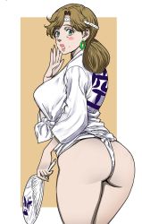 Rule 34 | 1girl, ass, blush, breasts, brown hair, fundoshi, green eyes, hand fan, highres, japanese clothes, jojo no kimyou na bouken, kanji, kuujou holly, large breasts, leopard (artist), lips, lipstick, long hair, looking at viewer, looking to the side, makeup, mature female, mizu happi, panties, paper fan, shirt, simple background, solo, stardust crusaders, tied shirt, uchiwa, underwear