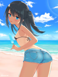 Rule 34 | :p, ass, beach, bikini, bikini top only, black bikini, black hair, blue eyes, breasts, cloud, commentary request, denim, denim shorts, food, from behind, highres, komiya nigi, leaning forward, long hair, looking back, ocean, one-piece tan, original, outdoors, popsicle, short shorts, shorts, sideboob, sky, small breasts, smile, solo, swimsuit, tan, tanline, thighs, tongue, tongue out, two side up