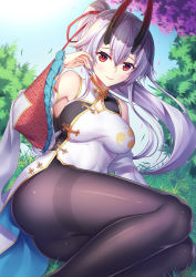 Rule 34 | 1girl, black pantyhose, blush, china dress, chinese clothes, detached sleeves, dress, fate/grand order, fate (series), grey hair, hair between eyes, heroic spirit traveling outfit, horns, iro ame (amewaagada), long hair, looking at viewer, oni horns, pantyhose, ponytail, red eyes, sitting, slit pupils, smile, solo, tomoe gozen (fate), tomoe gozen (traveling outfit) (fate), very long hair, wide sleeves