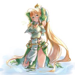 Rule 34 | 1girl, absurdly long hair, arms behind head, arms up, blonde hair, closed mouth, cowboy shot, detached sleeves, floating hair, green eyes, green sleeves, hair between eyes, hair tubes, highres, hozumi rino, leafa, leafa (terraria), long hair, long sleeves, looking at viewer, ponytail, simple background, sketch, smile, solo, standing, sword art online, thighs, very long hair, wading, white background