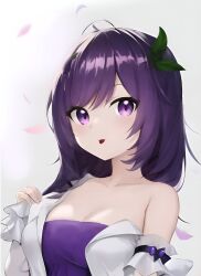 Rule 34 | 1girl, absurdres, bare shoulders, bow, bowtie, breasts, cleavage, falling petals, green bow, green bowtie, highres, light smile, looking at viewer, medium breasts, natsumi hachi, nijigen project, petals, phos (nhannguyentri1), purple eyes, purple hair, short hair, solo, vietnamese commentary, virtual youtuber, white background