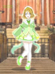 Rule 34 | 1girl, artist name, artist request, blush, bow, bowtie, breasts, brown hair, crown, dress, female focus, full body, green bow, green dress, green footwear, green ribbon, green skirt, hair between eyes, hair bow, high heels, highres, koizumi hanayo, long sleeves, looking at viewer, love live!, love live! school idol project, mini crown, miniskirt, parted lips, plaid, plaid dress, plaid skirt, pleated, pleated dress, pleated skirt, purple eyes, ribbon, shoes, short hair, skirt, smile, solo, standing, standing on one leg, white legwear, wide sleeves
