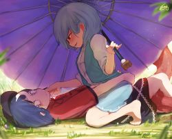 Rule 34 | 2girls, absurdres, bare legs, barefoot, blue hair, blue vest, blush, chinese clothes, closed mouth, commentary request, day, feet, from side, girl on top, grass, half-closed eyes, hand on another&#039;s chin, hand up, hands on ass, hat, highres, holding, holding umbrella, jiangshi, karakasa obake, kneeling, licking, looking down, looking to the side, lying, medium hair, miyako yoshika, multiple girls, ofuda, on back, on ground, outdoors, outstretched arms, parted lips, pinky out, purple eyes, red eyes, saliva, seductive smile, senzaicha kasukadoki, shade, shirt, sidelocks, signature, skirt, smile, tatara kogasa, toes, tongue, touhou, umbrella, vest, wet, white shirt, wide-eyed, yuri