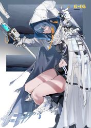 Rule 34 | 1girl, animal, animal on shoulder, bird, bird on shoulder, black shirt, blue eyes, blue hair, breasts, cloak, closed mouth, clothing cutout, commentary, expressionless, from side, gloves, hair between eyes, highres, hood, hood up, hooded cloak, invisible chair, medium hair, midriff, navel, navel cutout, night-vision device, original, owl, profile, ran (bukeranwu), shirt, sitting, small breasts, solo, strap, thighs, white cloak, white footwear, white gloves