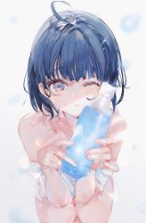 Rule 34 | 1girl, bare shoulders, blue eyes, blue hair, bottle, cowlick, highres, holding, holding bottle, looking at viewer, one eye closed, original, shia job, solo, squatting, water bottle, white background