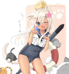 Rule 34 | 10s, 1girl, ;d, akitsuki tsukasa, animal, animal ears, animal on head, black one-piece swimsuit, blonde hair, blue eyes, blue sailor collar, blush, cat, cat ears, cat on head, cat tail, covered navel, crop top, flower, hair flower, hair ornament, kantai collection, lifebuoy, looking at viewer, on head, one-piece swimsuit, one-piece tan, one eye closed, open mouth, paw pose, paw print, ro-500 (kancolle), sailor collar, school swimsuit, smile, swim ring, swimsuit, swimsuit under clothes, tail, tan, tanline, too many, too many cats, torpedo, twitter username