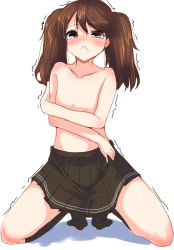 Rule 34 | 10s, 1girl, :&lt;, black socks, blush, brown eyes, brown hair, covering privates, covering breasts, flat chest, kantai collection, kneehighs, long hair, navel, no headwear, no headwear, ryuujou (kancolle), skirt, socks, solo, tenken (gotannda), topless, trembling, twintails, white background