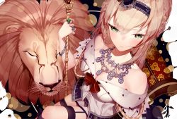 Rule 34 | 10s, 1girl, atha (leejuiping), bare shoulders, blonde hair, braid, breasts, crown, dress, french braid, green hair, hairband, jewelry, kantai collection, lion, long hair, mini crown, necklace, off shoulder, ring, sitting, solo, warspite (kancolle)