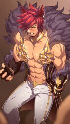 Rule 34 | 1boy, abs, animal ears, bara, black gloves, black jacket, clenched teeth, fingerless gloves, fur-trimmed jacket, fur trim, gloves, highres, jacket, large pectorals, league of legends, male focus, mazjojo, muscular, muscular male, navel, open clothes, open jacket, paid reward available, pants, pectorals, red hair, scar, scar on face, scar on nose, sett (league of legends), short hair, sleeveless, sleeveless jacket, solo, teeth, white pants