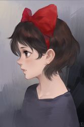 Rule 34 | 1girl, black hair, bow, eyelashes, from side, hairband, highres, kiki (majo no takkyuubin), lips, majo no takkyuubin, nat the lich, nose, portrait, red bow, red hairband, short hair, solo