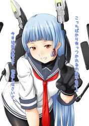 Rule 34 | 10s, blue hair, blunt bangs, commentary request, dress, gloves, grin, hair ribbon, headgear, highres, kantai collection, looking at viewer, murakumo (kancolle), necktie, niwatazumi, orange eyes, pantyhose, pointing, pointing at viewer, ribbon, sailor dress, smile, solo, translation request
