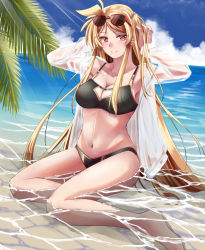 Rule 34 | 1girl, beach, bikini, black bikini, blonde hair, blue sky, blush, breasts, cleavage, cloud, commentary request, covered navel, eyewear on head, fate testarossa, hands in hair, large breasts, long hair, looking at viewer, lyrical nanoha, mahou shoujo lyrical nanoha, medium breasts, ocean, palm tree, red eyes, shirt, sitting, sky, smile, solo, sougetsu izuki, swimsuit, swimsuit under clothes, thighs, tree, very long hair, water, wet, wet clothes, wet shirt, white shirt