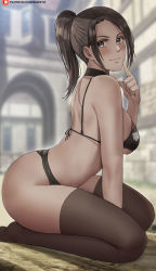 Rule 34 | 1girl, arched back, bikini, black bikini, black choker, blush, breasts, brown eyes, brown hair, brown thighhighs, choker, closed mouth, female focus, finger to mouth, from side, hand up, highres, index finger raised, large breasts, leaning forward, looking at viewer, no shoes, patreon username, ponytail, sasha blouse, seiza, shexyo, shingeki no kyojin, sitting, solo, swimsuit, thighhighs, thighs, underboob, watermark, web address