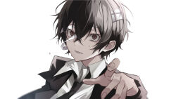 Rule 34 | 1boy, absurdres, bandage on face, bandage on hair, bandages, black hair, black jacket, black necktie, black suit, bungou stray dogs, collared shirt, dazai osamu (bungou stray dogs), flying sweatdrops, formal, hair between eyes, highres, jacket, long sleeves, looking at viewer, mafia, male focus, necktie, open clothes, open jacket, open mouth, pointing, pointing at viewer, red eyes, shirt, short hair, sidelocks, simple background, solo, suit, surprised, sweat, sweatdrop, upper body, user wjpu7573, white background, white shirt