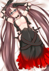 Rule 34 | 1girl, absurdly long hair, absurdres, black-framed eyewear, black dress, black gloves, blush, borumete, breasts, brown eyes, brown hair, cleavage, commentary request, yu mei-ren (fate), dress, elbow gloves, embarrassed, fate/grand order, fate (series), frown, glasses, gloves, highres, large breasts, long hair, looking at viewer, lying, on back, on bed, rectangular eyewear, revealing clothes, solo, twintails, very long hair