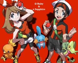 Rule 34 | 1boy, 1girl, :d, bike shorts, bike shorts under shorts, bracelet, brendan (pokemon), brown hair, clenched hand, closed mouth, collarbone, commentary request, creatures (company), evolutionary line, eyelashes, game freak, gen 3 pokemon, grey eyes, hands up, highres, holding, holding poke ball, jacket, jewelry, kamota (momokomati), may (pokemon), mudkip, nintendo, open mouth, poke ball, poke ball (basic), pokemon, pokemon (creature), pokemon oras, red background, red shirt, shirt, shoes, short sleeves, shorts, sleeveless, sleeveless shirt, smile, standing, teeth, tongue, torchic, treecko, upper teeth only, white footwear, white shorts, yellow footwear