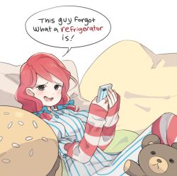 Rule 34 | 1girl, alternate hairstyle, animification, black eyes, blush, cellphone, dress, english text, food, freckles, layered sleeves, long sleeves, looking at viewer, low twintails, lying, numbers (pigpenandpaper), phone, puffy short sleeves, puffy sleeves, red hair, short over long sleeves, short sleeves, sleeves past wrists, smartphone, smile, smug, solo, speech bubble, striped clothes, striped dress, striped sleeves, stuffed animal, stuffed toy, teddy bear, twintails, vertical-striped clothes, vertical-striped dress, wendy&#039;s, wendy (wendy&#039;s)