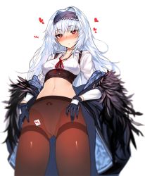 Rule 34 | black gloves, black hairband, black jacket, black pantyhose, black skirt, blurry, blush, bow, bow panties, breasts, camouflage, coat, collarbone, collared shirt, cowboy shot, crotch seam, depth of field, feathers, girls&#039; frontline, gloves, gluteal fold, hairband, hands on thighs, heart, heart-shaped pupils, jacket, long hair, long sleeves, medium breasts, messy hair, navel, neck ribbon, neck stitches, no pants, off shoulder, open clothes, open coat, open mouth, panties, pantyhose, pokan (xz1128), red eyes, red ribbon, ribbon, scar, scar on neck, shirt, sidelocks, simple background, skirt, solo, stitched neck, stitches, stomach, symbol-shaped pupils, thighband pantyhose, thighs, thunder (girls&#039; frontline), tsurime, underbust, underwear, very long hair, white background, white panties
