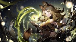 Rule 34 | 1girl, absurdres, animal, animal ears, arknights, black gloves, black shirt, blonde hair, braid, breasts, cat ears, cat girl, cat tail, chain, dark background, earpiece, gloves, glowing, highres, holding, holding staff, jiusan naitang, large breasts, night, outdoors, parted lips, quercus (arknights), serval, shirt, sideboob, single braid, solo, staff, tail, upper body, yellow eyes
