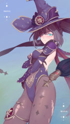 Rule 34 | 1girl, absurdres, bare back, black hair, black legwear, crossed arms, genshin impact, gloves, green eyes, hair ornament, hat, highres, leotard, looking at viewer, mona (genshin impact), moon (ornament), rou (rou22), star (symbol), torn clothes, torn gloves, torn hat, torn legwear, twintails, witch hat
