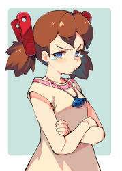 Rule 34 | 1girl, blue eyes, bright pupils, brown hair, clothes pin, crossed arms, doll joints, dress, instrument, joints, josette, ocarina, pout, short hair, short twintails, sleeveless, sleeveless dress, solo, tears, twintails, white dress, white pupils, wonder project j2, youhei 64d