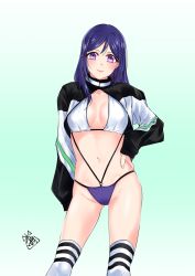Rule 34 | 1girl, akira miku ver, bikini, blue background, blue hair, breasts, cleavage, closed mouth, gradient background, hair between eyes, hand on own hip, highres, jacket, long hair, long sleeves, looking at viewer, love live!, love live! sunshine!!, matsuura kanan, medium breasts, navel, o-ring, o-ring bikini, open clothes, open jacket, purple bikini, purple eyes, smile, solo, standing, striped clothes, striped legwear, striped thighhighs, swimsuit, thighhighs, white background, white bikini