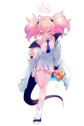 Rule 34 | 1girl, absurdres, blue archive, chips (food), coat, dress, food, full body, green eyes, hair ornament, halo, highres, holding, holding food, horns, leg up, long sleeves, momoka (blue archive), open clothes, open coat, pink hair, pointy ears, potato chips, shoes, simple background, socks, solo, spmkwy, tail, twintails, white background, white coat, white dress, white socks