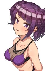 Rule 34 | 1girl, bare shoulders, blush, bra, breasts, cleavage, closed mouth, collarbone, diagonal bangs, earrings, erere, from above, idolmaster, idolmaster shiny colors, jewelry, looking at viewer, medium breasts, navel, purple bra, purple eyes, purple hair, purple legwear, short twintails, simple background, solo, tanaka mamimi, tongue, tongue out, twintails, underwear, white background