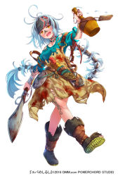 Rule 34 | 1girl, bandages, belt, blood, blood on clothes, blue hair, blush, boots, bottle, cleaver, drooling, drunk, facial tattoo, full body, headband, jewelry, lid, light blue hair, long hair, mataichi mataro, messy hair, necklace, orange eyes, ponytail, suspenders, tattoo, toes, torn clothes, very long hair, yuba no shirushi